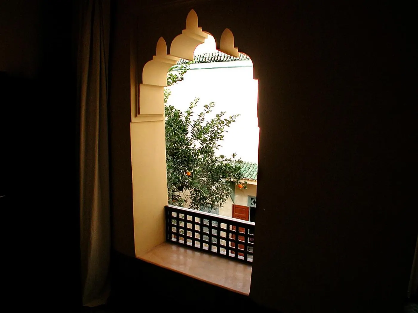 Arched window opening onto the orange tree